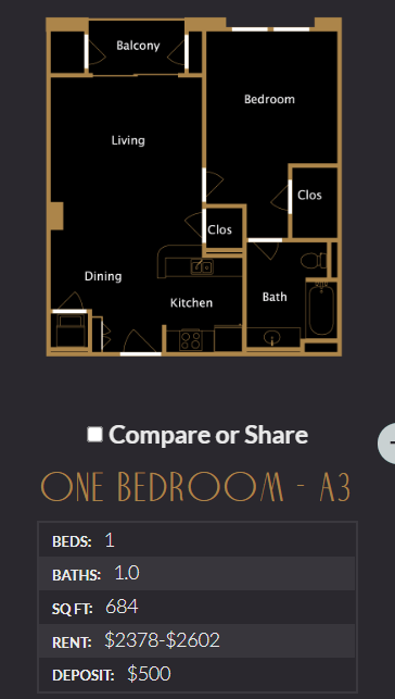 Floor plan for 1 bed, 1 bath, 684 sqft